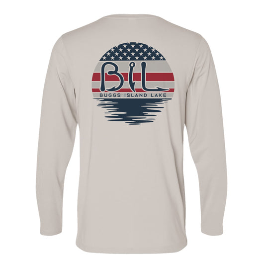 Buggs Island Lake American Flag Sunset - Unisex Performance Long Sleeve