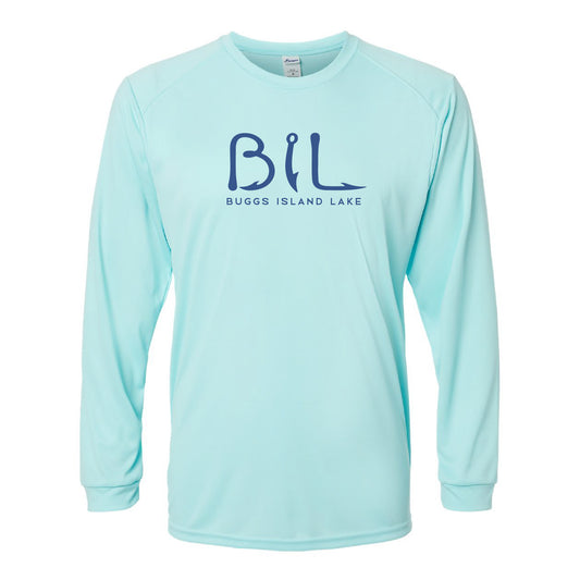 Light blue long-sleeve shirt with 'BIL' and 'Buggs Island Lake' text on a white background