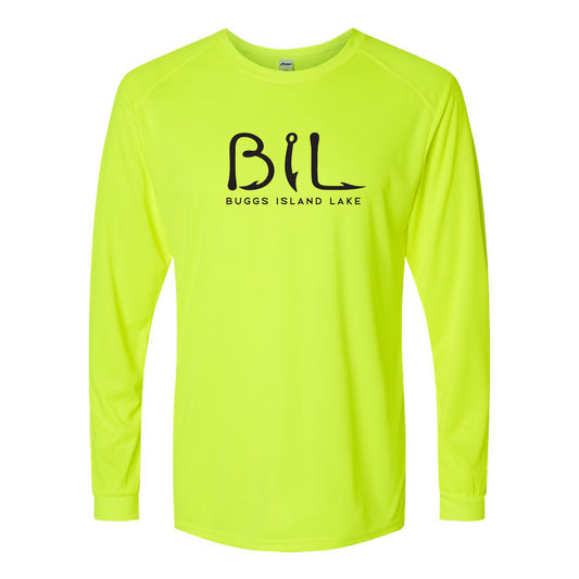 Safety Green, Neon long-sleeve shirt with 'BIL' and 'Buggs Island Lake' text on a white background