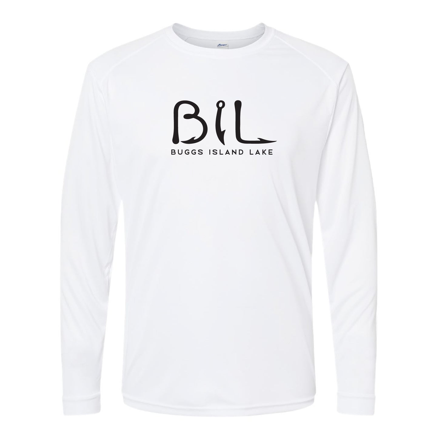 White long-sleeve shirt with 'BIL' and 'Buggs Island Lake' text on a white background