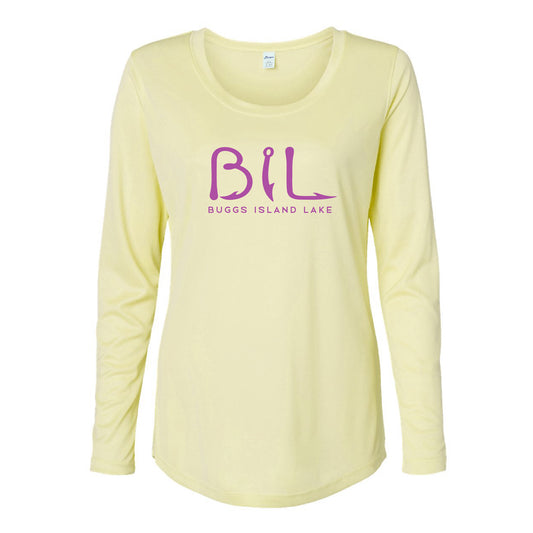 Yellow long-sleeve shirt with 'BIL' and 'Buggs Island Lake' text in purple on a white background
