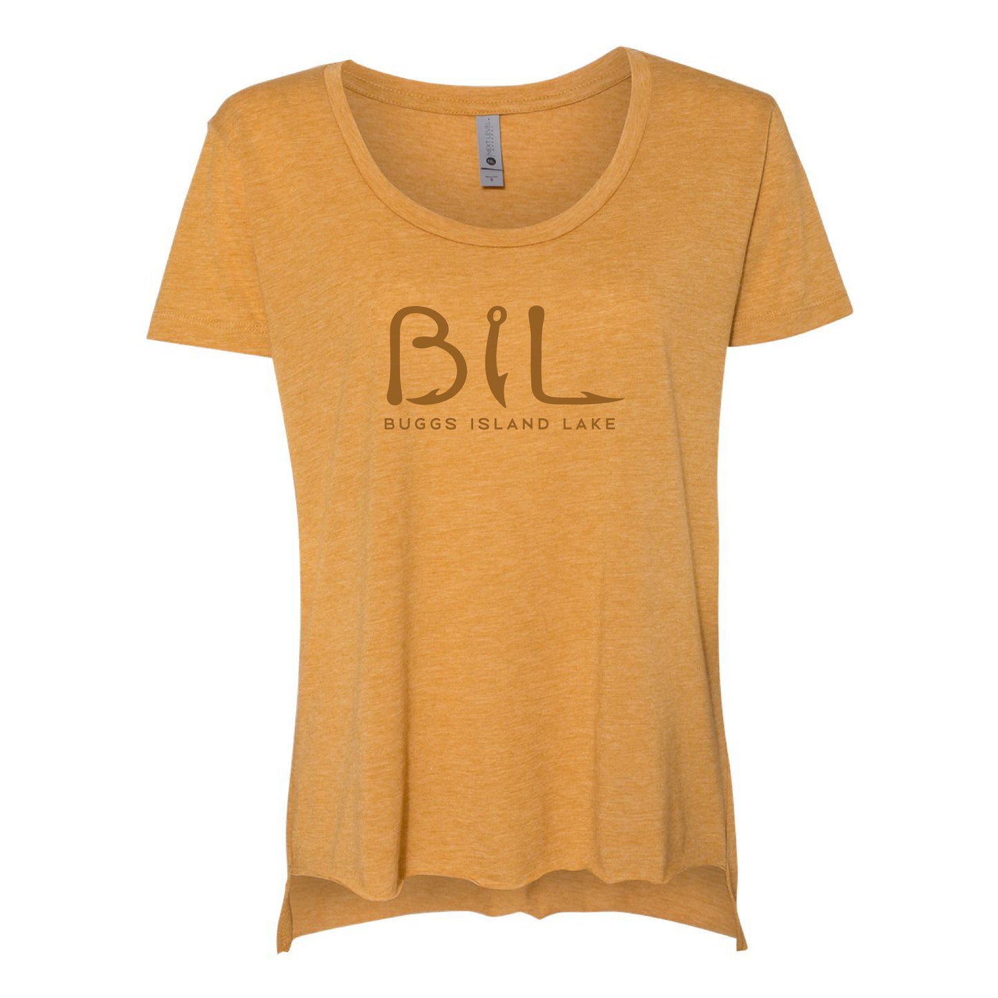Mustard yellow t-shirt with 'BIL' and 'Buggs Island Lake' text on a white background