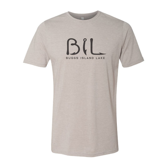 Beige t-shirt with 'BIL' logo on a white background