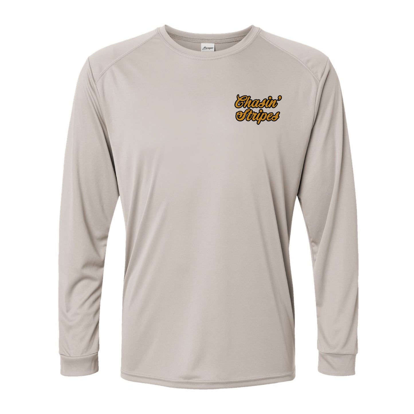 Beige long-sleeve shirt with 'Chasin' Stripes' logo on a white background