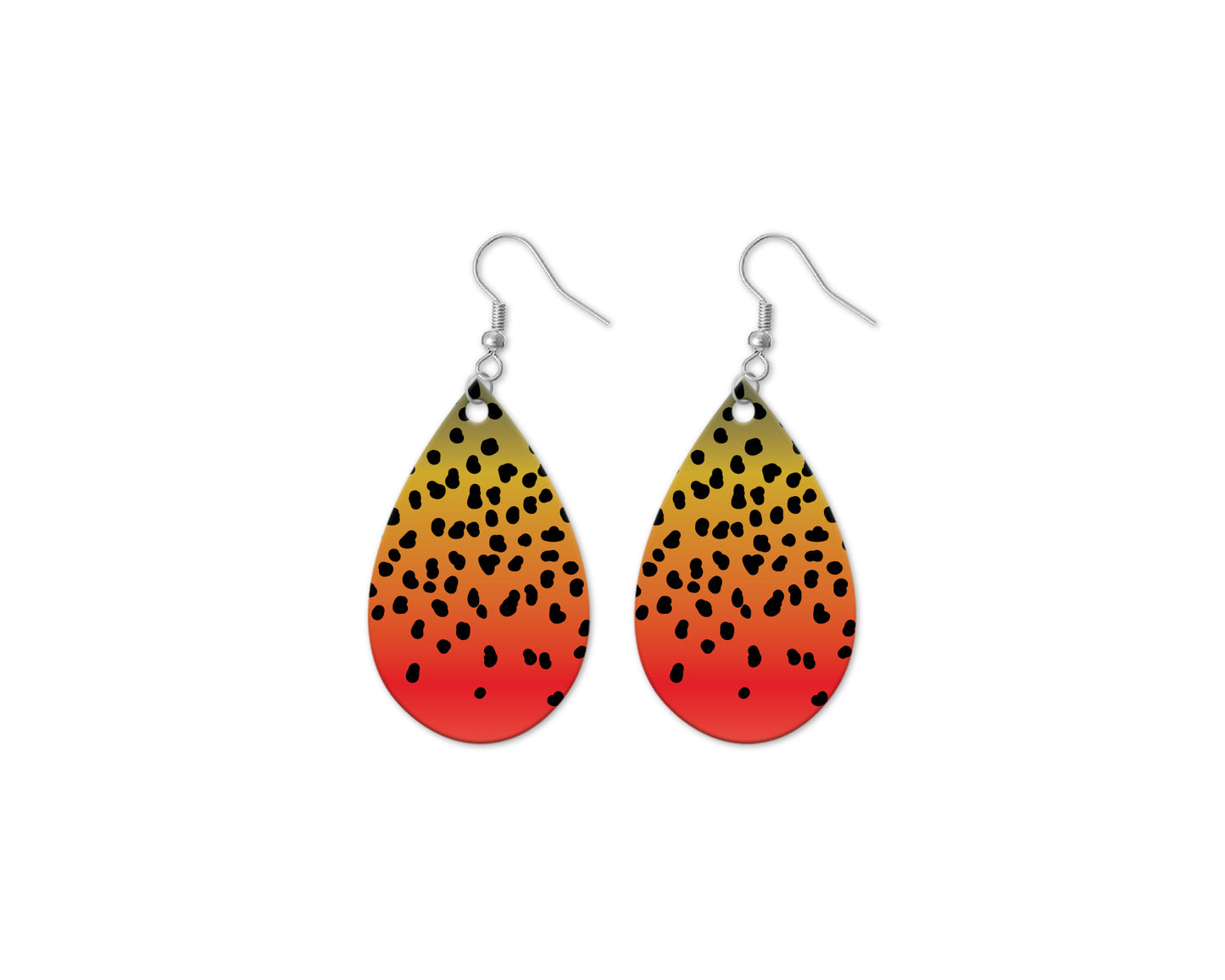 Teardrop-shaped earrings with a Cutthroat gradient from orange to red and black dot pattern on a white background.
