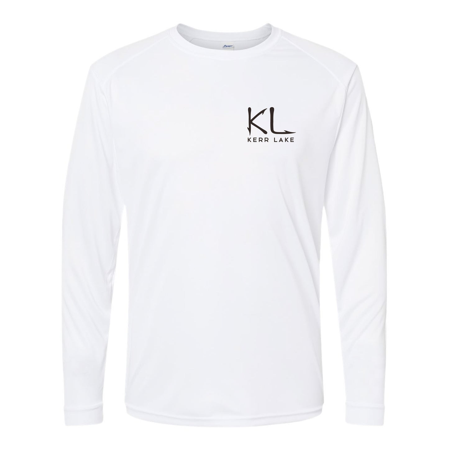 White long-sleeve shirt with 'KL Kerr Lake' logo on a white background