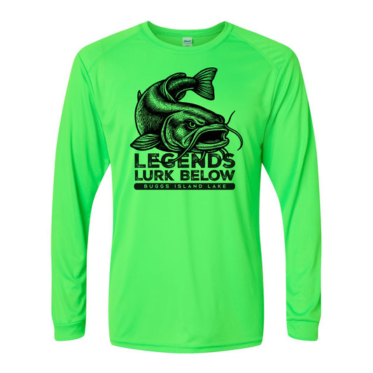 Neon green long-sleeve shirt with black catfish graphic and text on a white background
