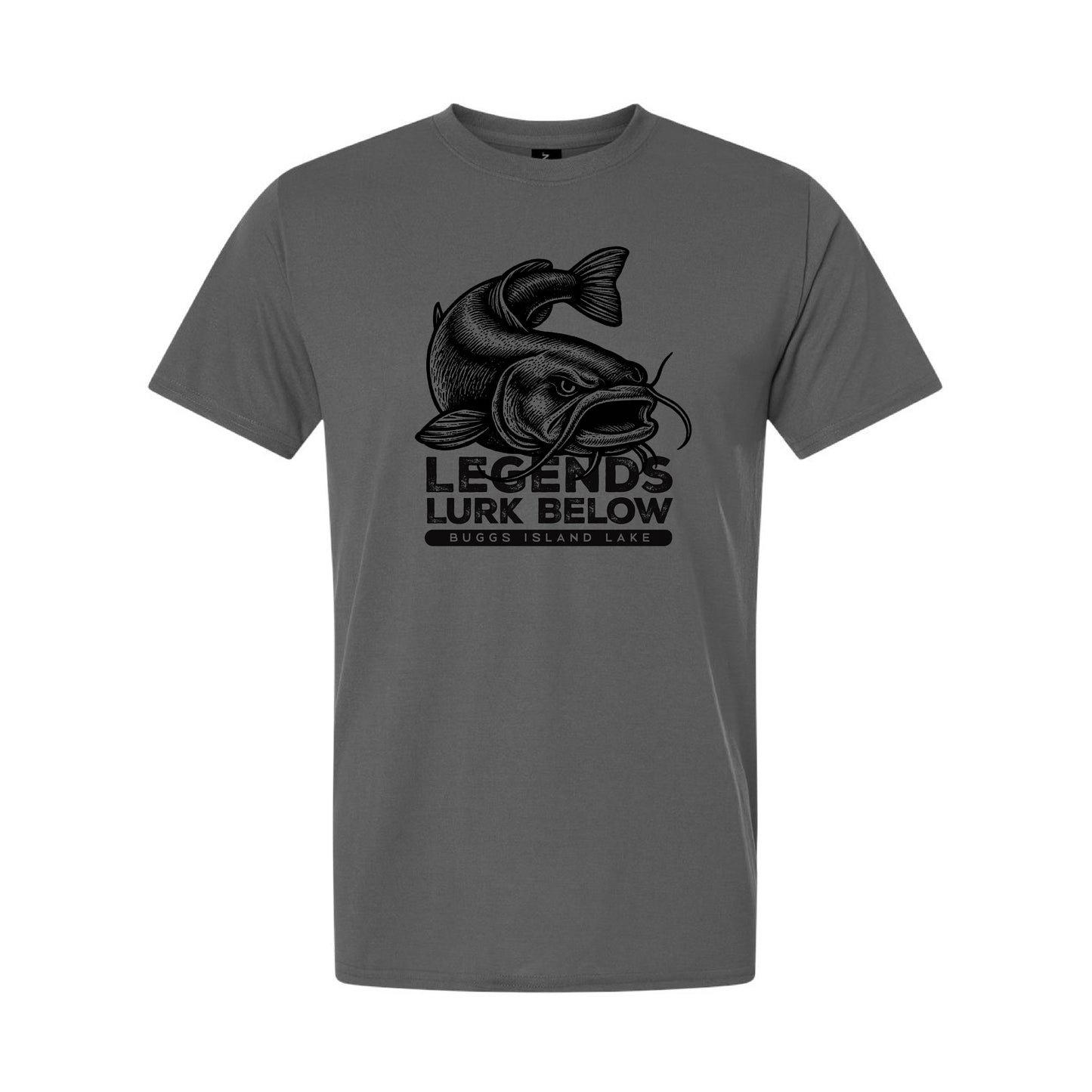 Gray t-shirt with black catfish fish graphic and text on a white background