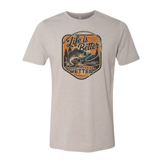 Gray t-shirt with a fishing graphic and text on a white background