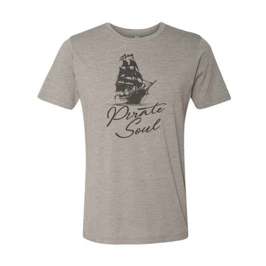 Gray t-shirt with a ship graphic and 'Pirate Soul' text on a white background