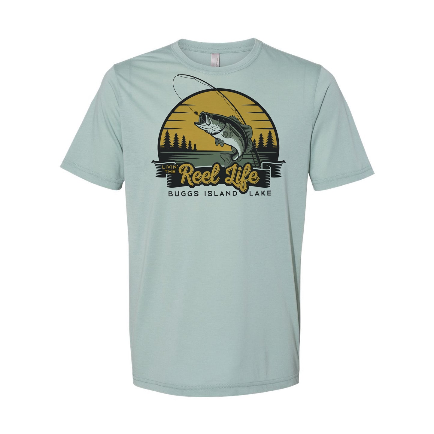 Light blue t-shirt with largemouth fishing graphic and Reel Life Buggs Island Lake on a white background