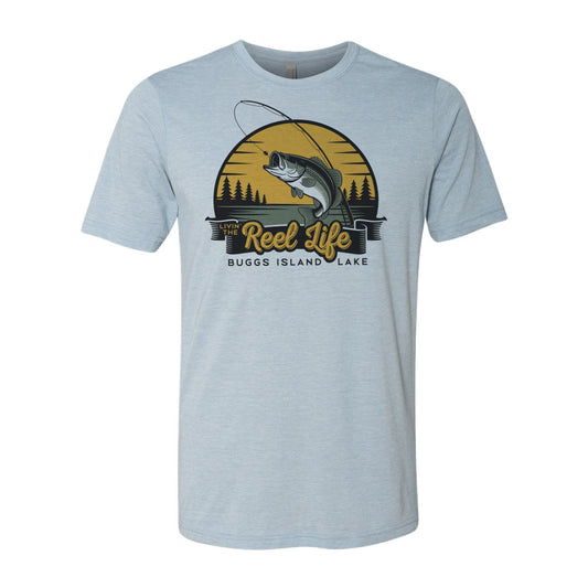 Denim Blue t-shirt with 'The Reel Life Buggs Island Lake' graphic design on a white background