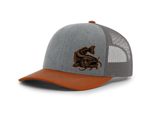 Gray and orange cap with a fish logo on a white background