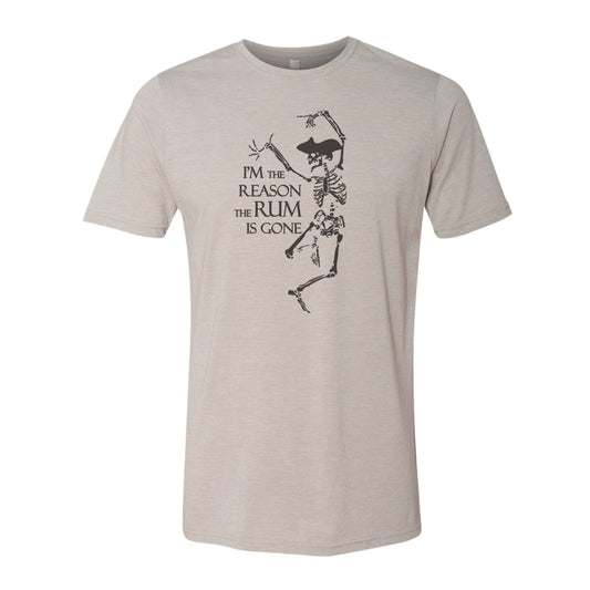 Beige t-shirt with skeleton graphic and text on a white background