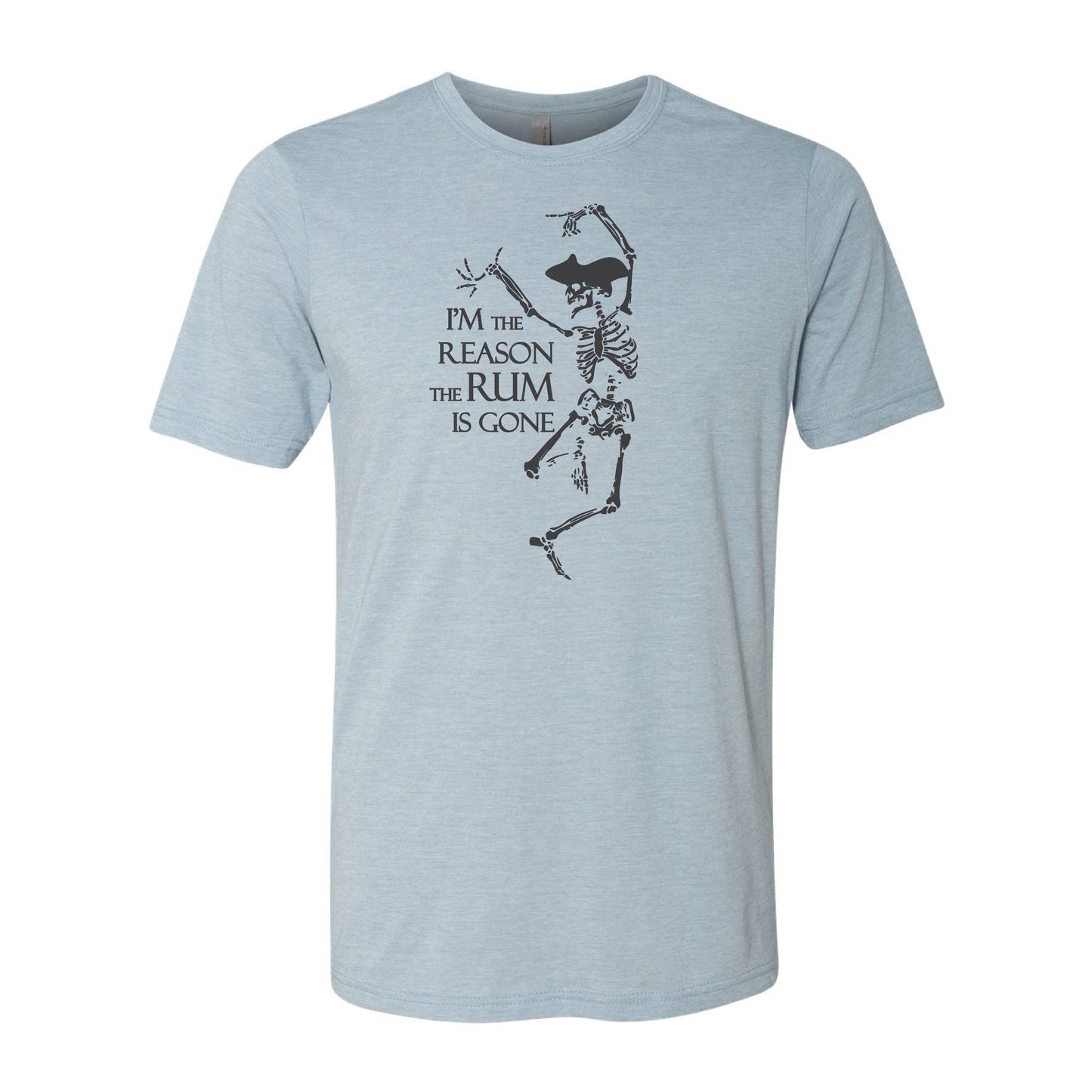 Light blue t-shirt with skeleton design and text on a white background