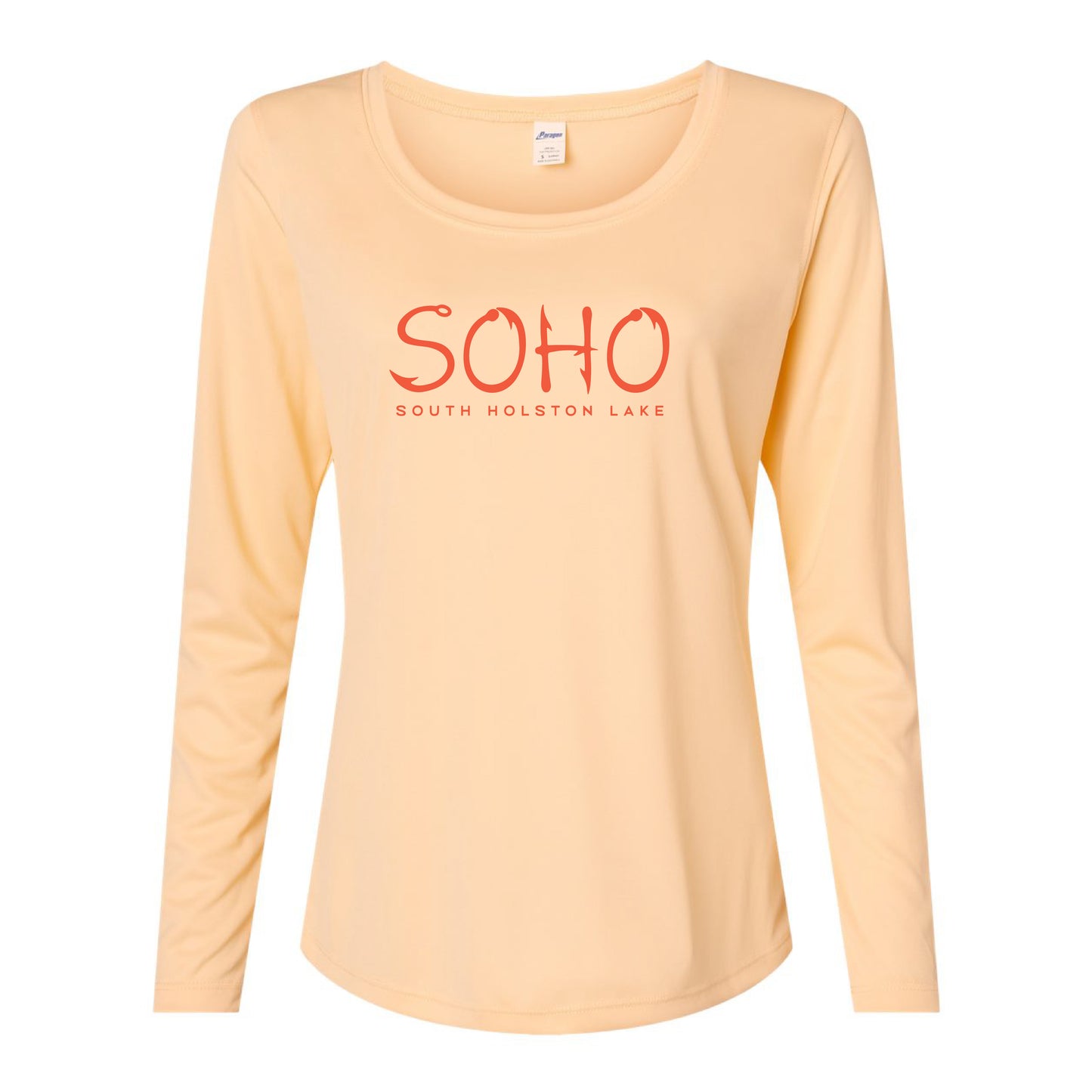 Peach long-sleeve shirt with 'SOHO South Holston Lake' text on a white background