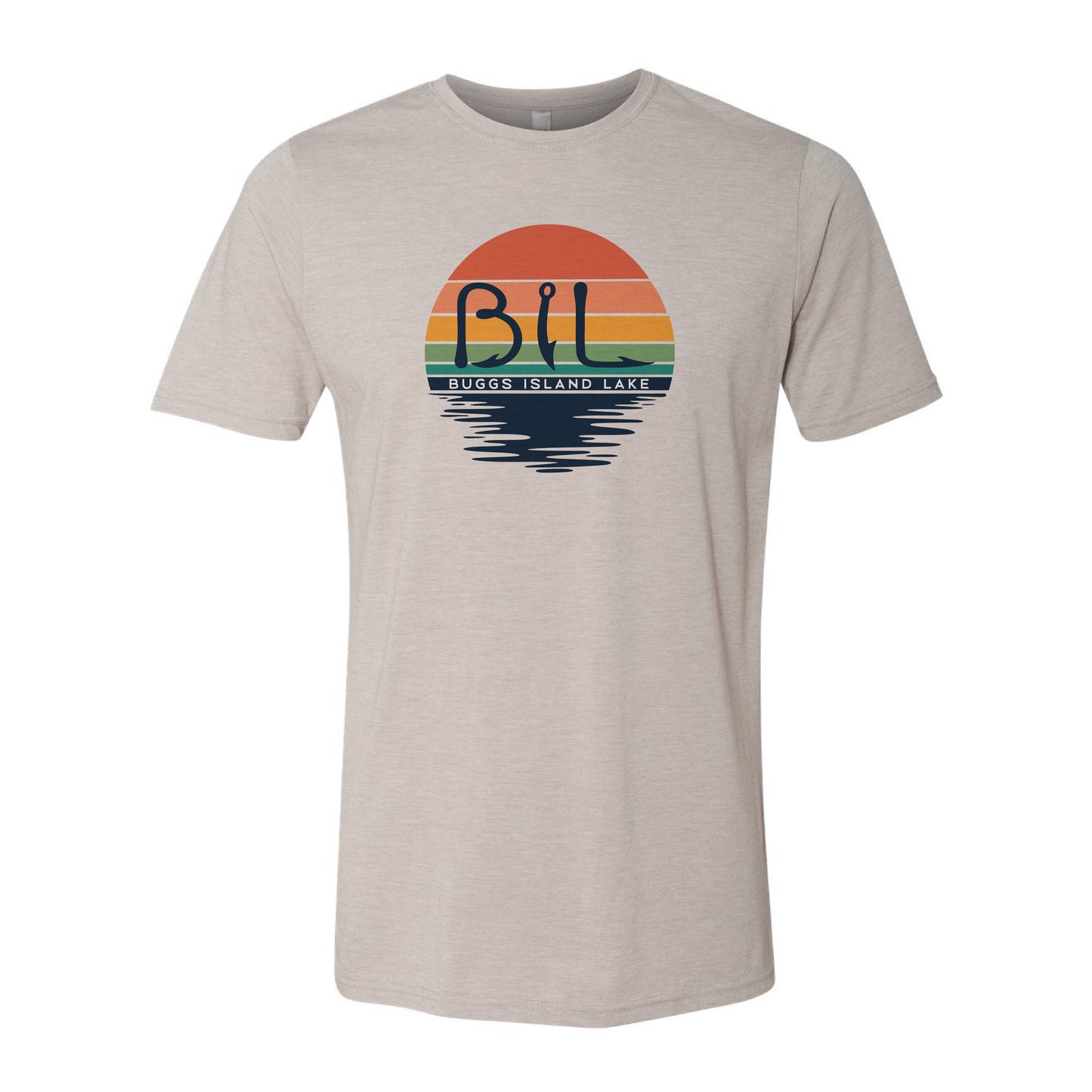 Beige t-shirt with a colorful 'BIL' logo on a white background