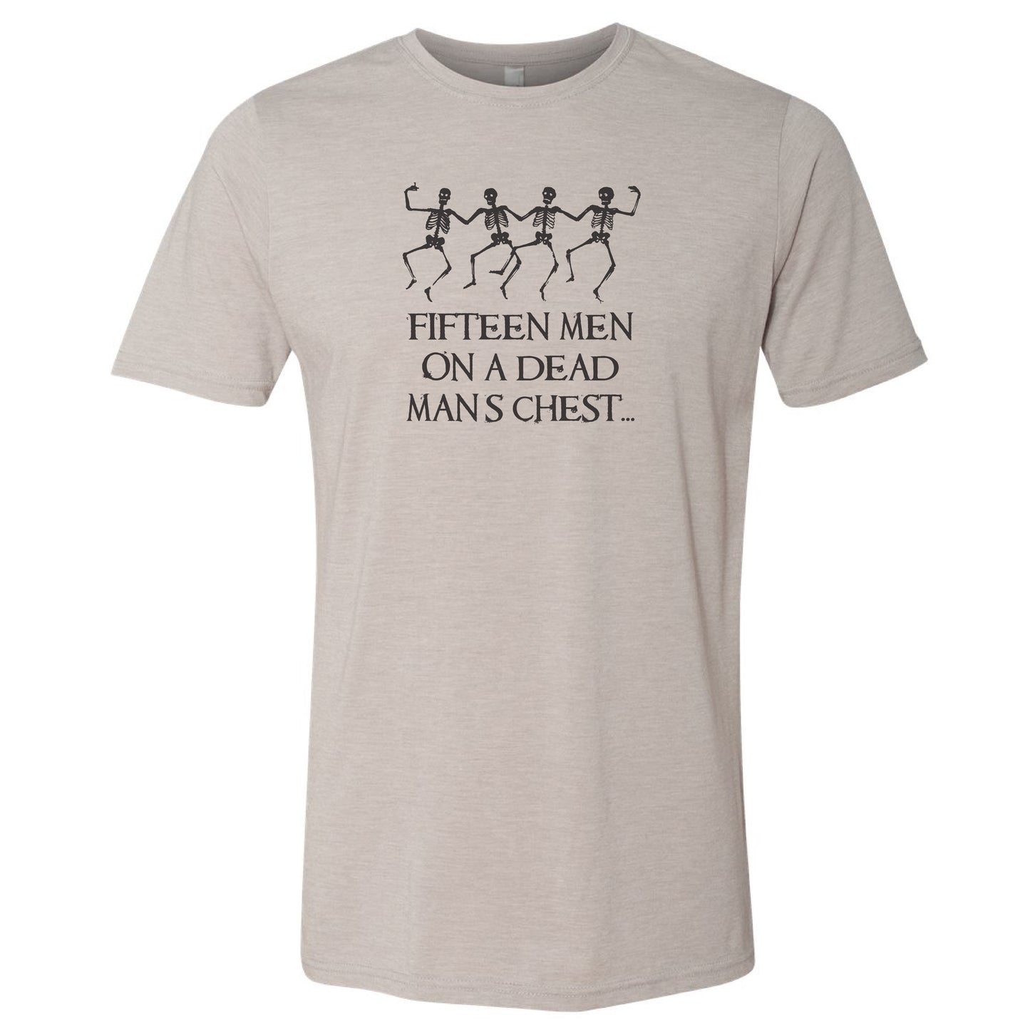 Beige t-shirt with skeleton design and text on a white background