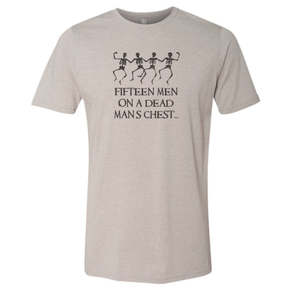 Beige t-shirt with skeleton design and text on a white background