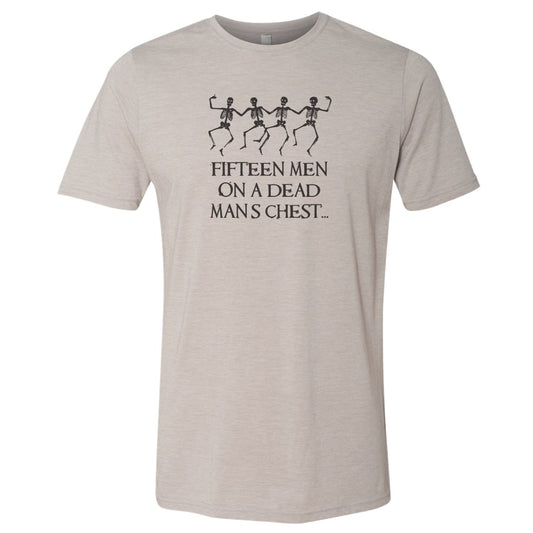 Beige t-shirt with skeleton design and text on a white background