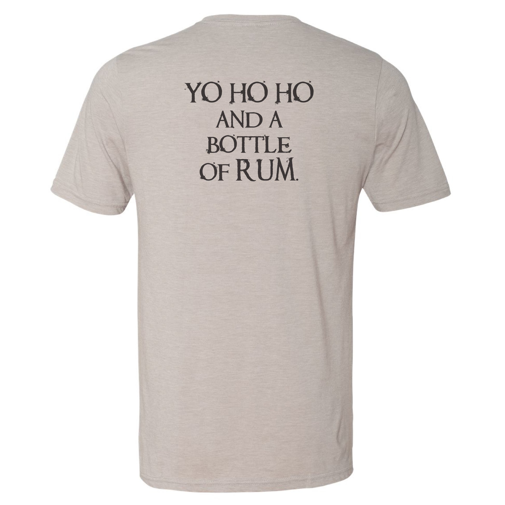 Beige t-shirt with black text 'YO HO HO AND A BOTTLE OF RUM' on a white background