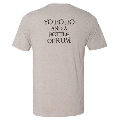 Beige t-shirt with black text 'YO HO HO AND A BOTTLE OF RUM' on a white background