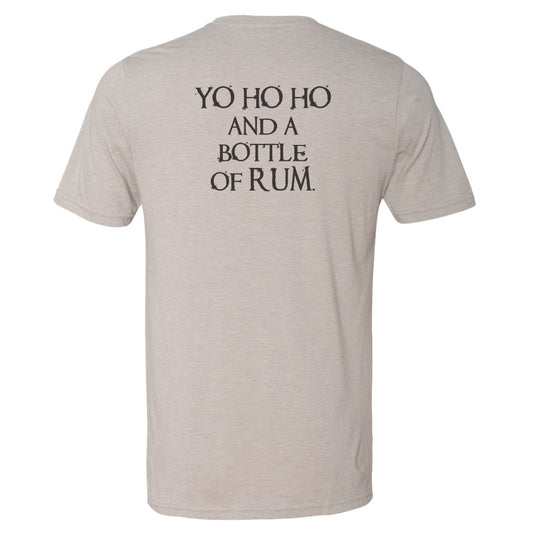 Beige t-shirt with black text 'YO HO HO AND A BOTTLE OF RUM' on a white background