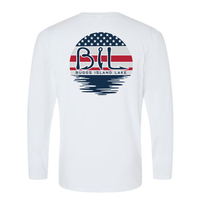 Buggs Island Lake American Flag Sunset - Unisex Performance Long Sleeve