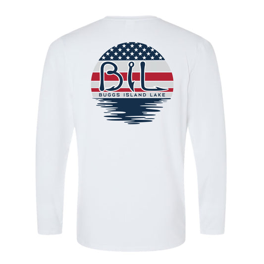 Buggs Island Lake American Flag Sunset - Unisex Performance Long Sleeve