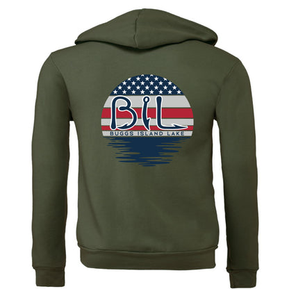 Buggs Island Lake American Flag Sunset - Premium Unisex Full-Zip Hoodie