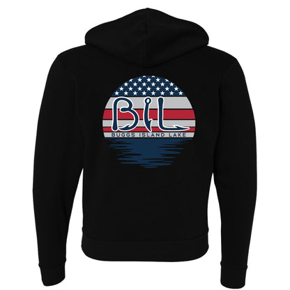 Buggs Island Lake American Flag Sunset - Premium Unisex Full-Zip Hoodie