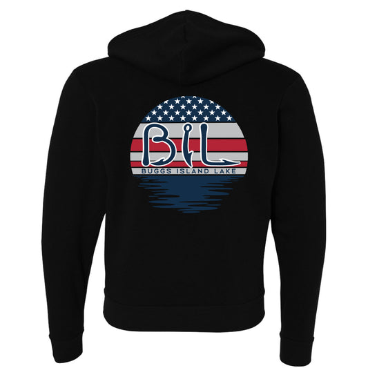 Buggs Island Lake American Flag Sunset - Premium Unisex Full-Zip Hoodie