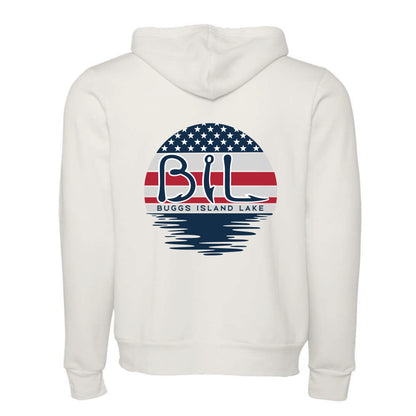 Buggs Island Lake American Flag Sunset - Premium Unisex Full-Zip Hoodie