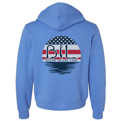 Buggs Island Lake American Flag Sunset - Premium Unisex Full-Zip Hoodie