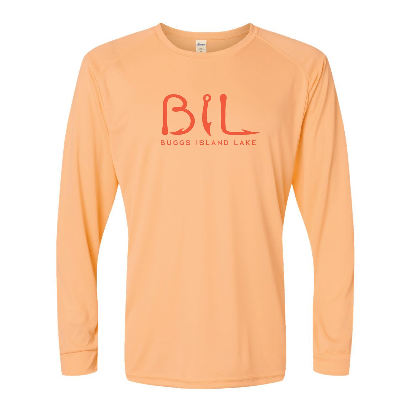 Peach, Coral long-sleeve shirt with red text on a white background