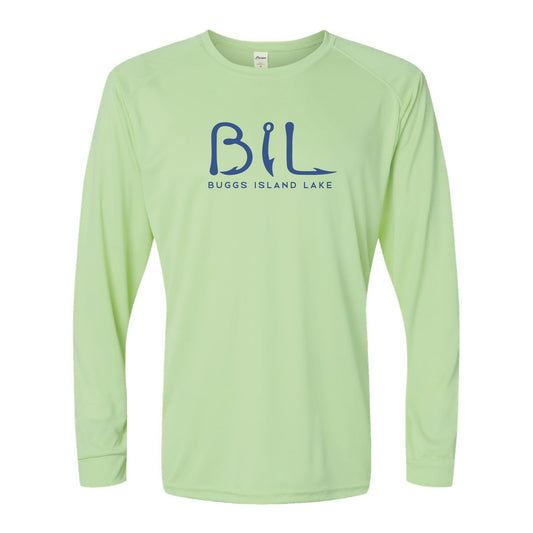 Light green, Lime long-sleeve shirt with 'BIL' and 'Buggs Island Lake' text on a white background