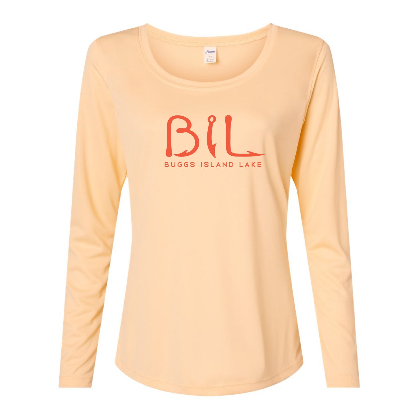 Peach long-sleeve shirt with 'BIL' and 'Buggs Island Lake' text on a white background