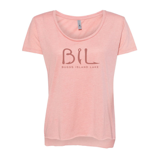 Pink t-shirt with 'BIL' and 'BUGGS ISLAND LAKE' text on a white background