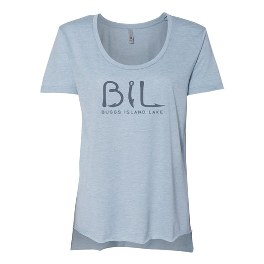 Light blue t-shirt with 'BIL' and 'Buggs Island Lake' text on a white background