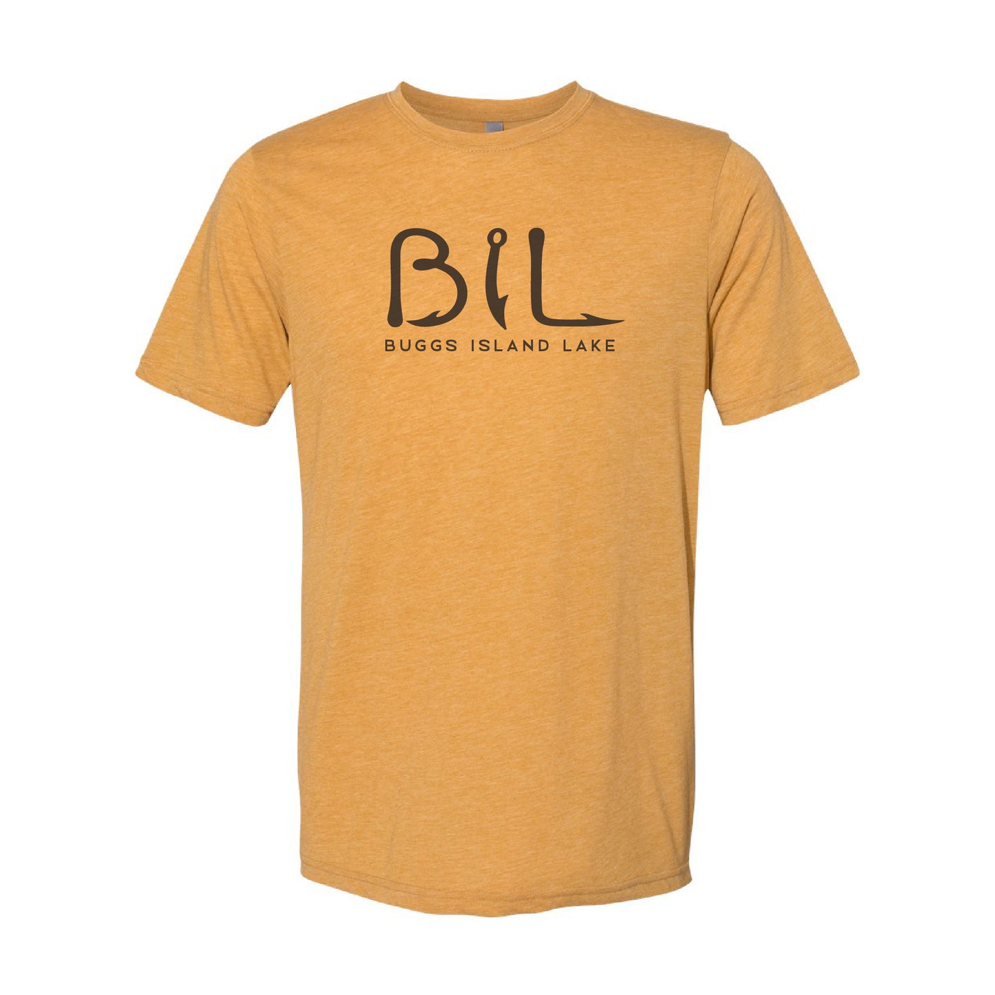 Mustard yellow, gold t-shirt with 'BIL Buggs Island Lake' text on a white background