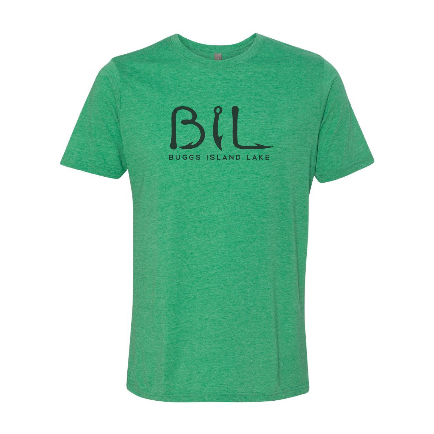 Green t-shirt with 'BIL' and 'BUGGS ISLAND LAKE' text on a white background