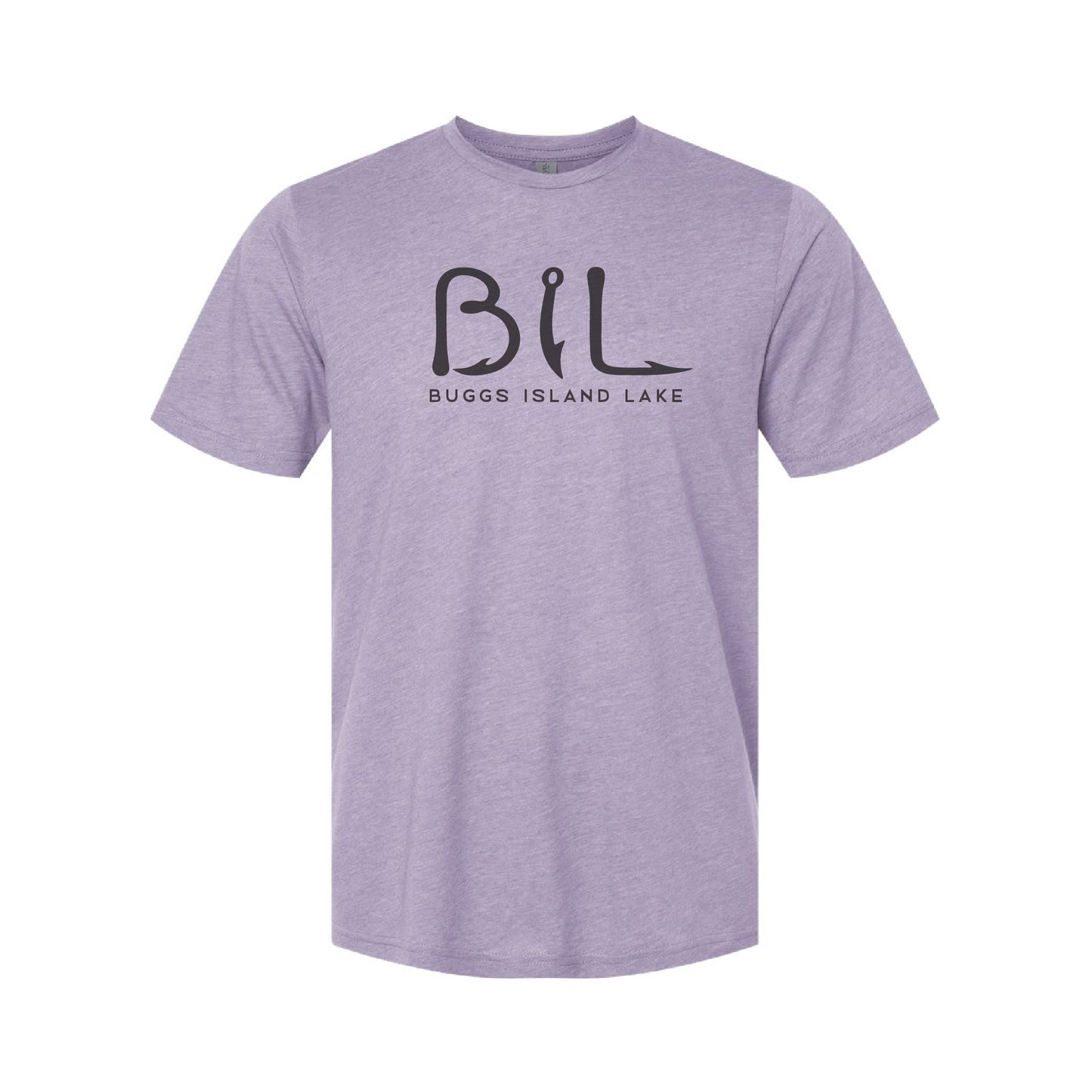Purple, Lavender t-shirt with 'BIL' and 'Buggs Island Lake' text on a white background