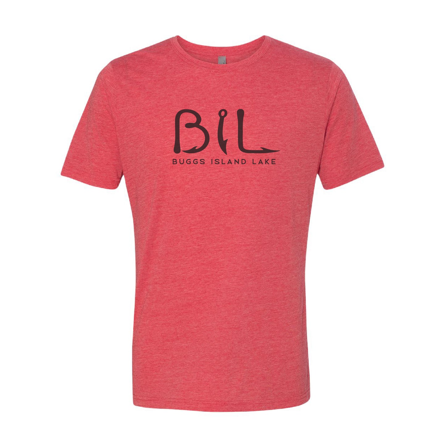 Red t-shirt with 'BIL' and 'BUGGS ISLAND LAKE' text on a white background