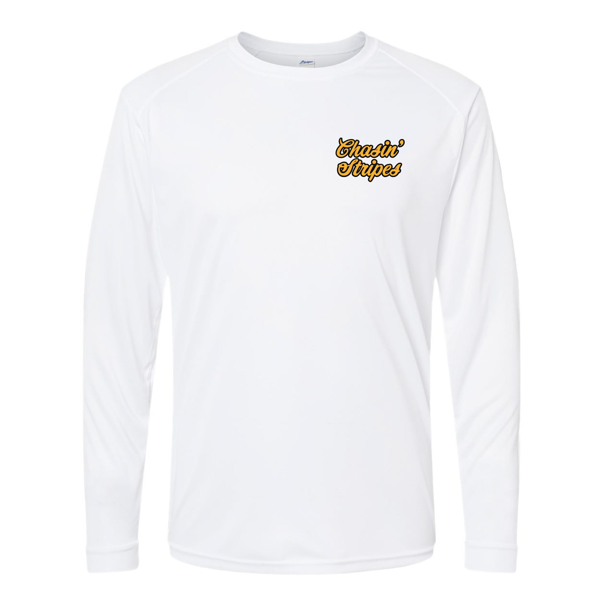 White long-sleeve shirt with 'Chasin Stripes' text in gold on a white background