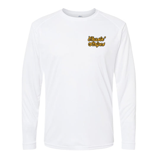 White long-sleeve shirt with 'Chasin Stripes' text in gold on a white background