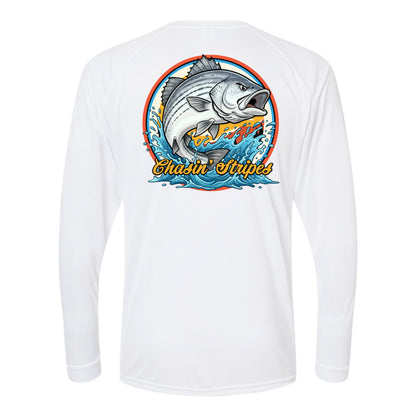 White long-sleeve shirt with a Striper fish graphic and 'Chasin' Stripes' text on a white background