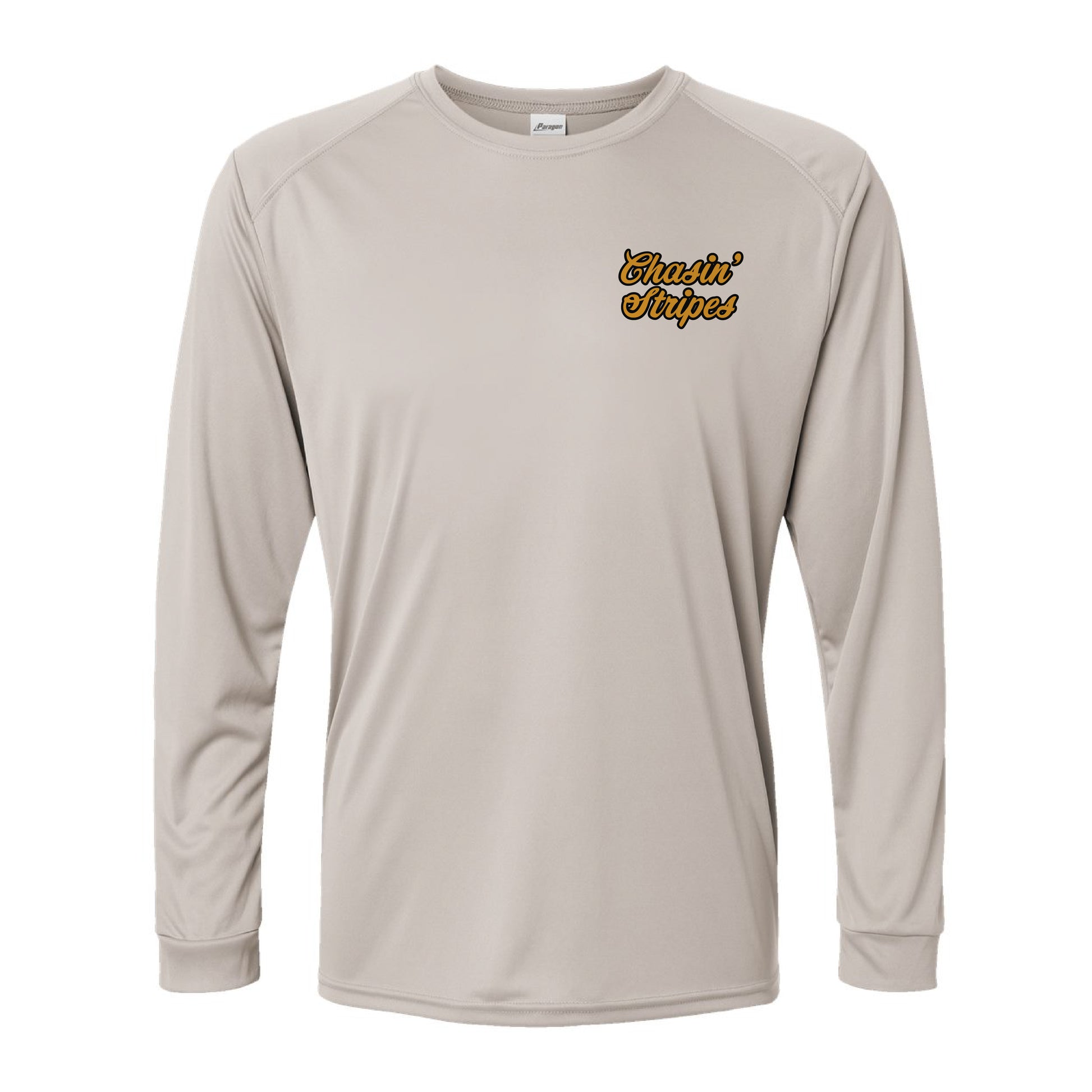 Beige long-sleeve shirt with 'Chasin' Stripes' logo on a white background