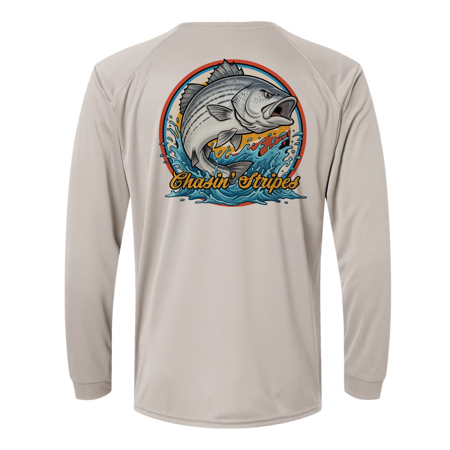 Beige long-sleeve shirt with a Striper fish graphic and 'Chasin' Stripes' text on a white background