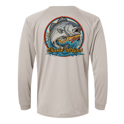 Beige long-sleeve shirt with a Striper fish graphic and 'Chasin' Stripes' text on a white background