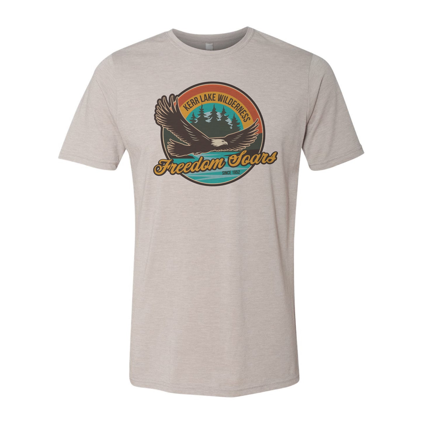 Beige t-shirt with a graphic design featuring an eagle and Kerr Lake Wilderness on a white background